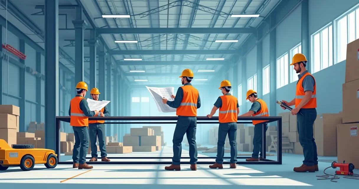 Equipe ajustando estrutura metálica em obra industrial