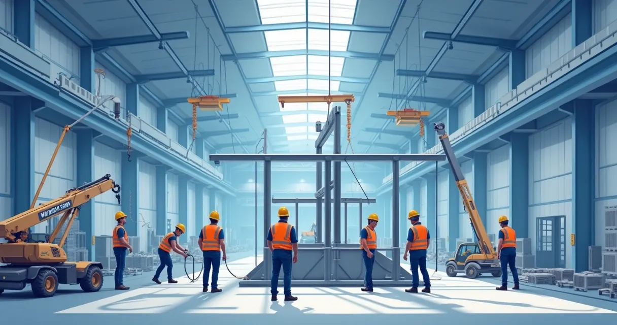 Montagem de estrutura metálica industrial em galpão grande