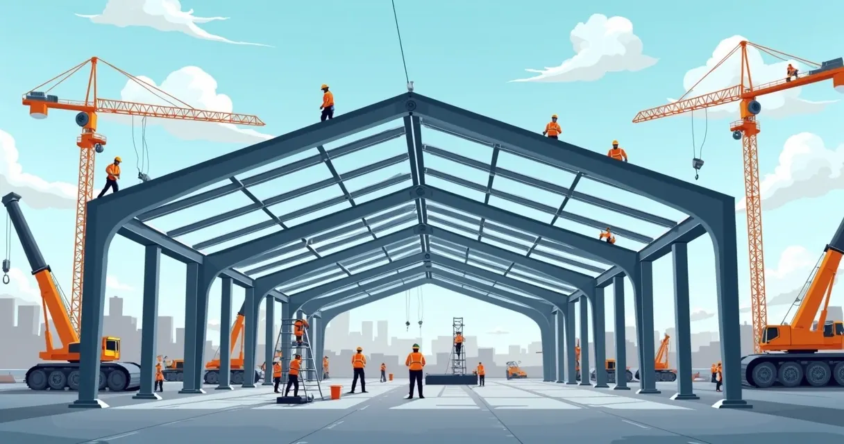 Montagem de estrutura metálica em galpão industrial