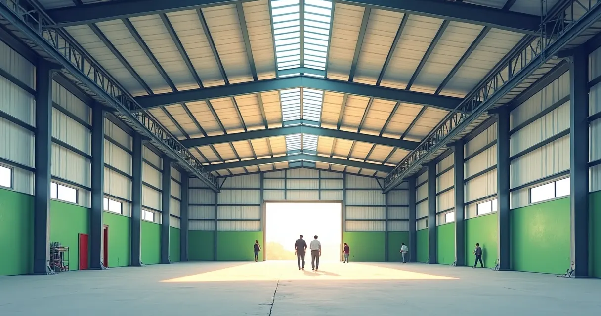 Telhado industrial de aço com isolamento térmico e luz natural.
