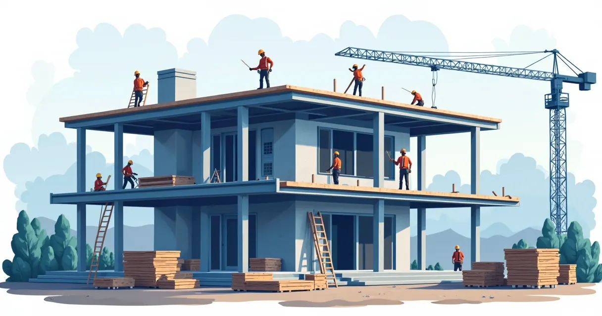 Equipe monta estrutura metálica em obra residencial