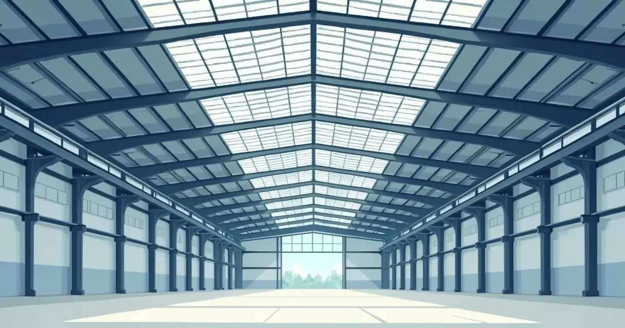 Estrutura metálica de telhado industrial vista internamente
