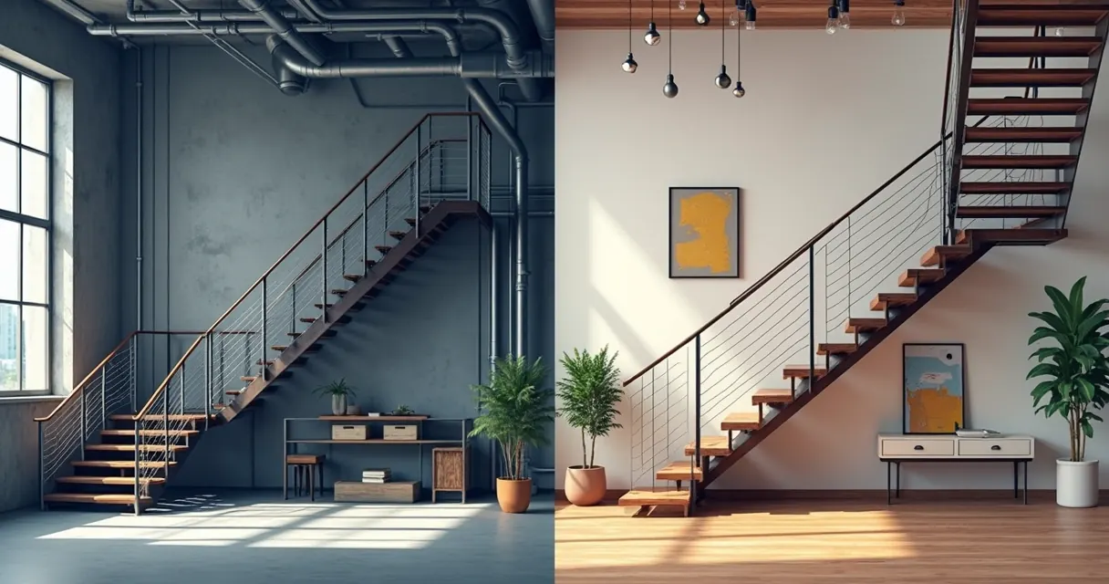Escada metálica em ambiente industrial e outra em sala residencial sofisticada, lado a lado.