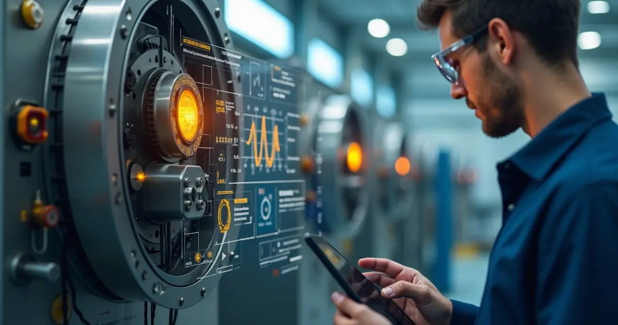 Sensor de manutenção preditiva analisando máquina industrial