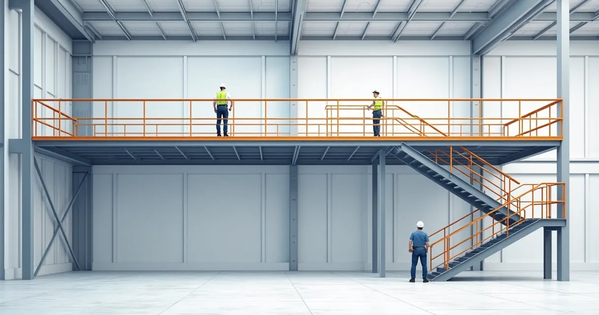 Mezanino metálico industrial com escada ao fundo