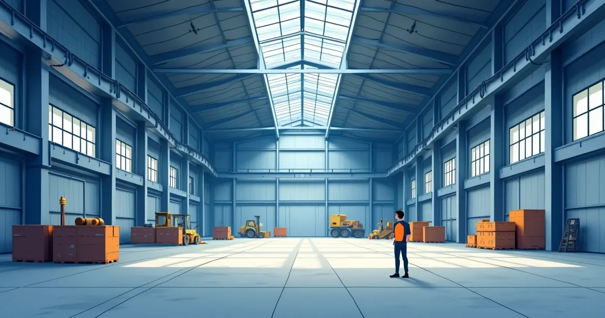 Vista interna de galpão industrial mostrando estrutura metálica com treliça e claraboia