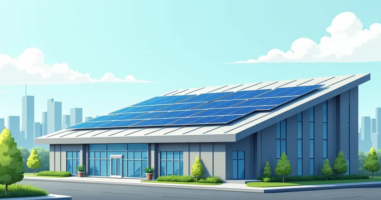 Painéis solares instalados sobre cobertura metálica moderna em prédio comercial.